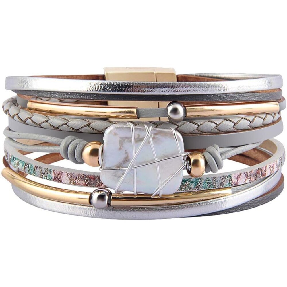 Leopard Bracelet for Women, Boho Leather Wrap Multi-Layer Pearl Crystal Bracelet